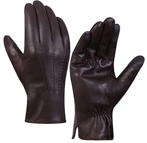 Harssidanzar Guantes de cuero para hombres, Forro polar, guantes de cuero de cabra, pantalla táctil GM040EU, Marrón, talla S