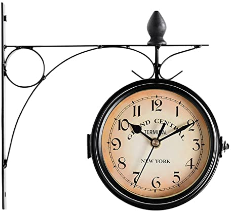 QOTSTEOS Doppelseitige Wanduhr, Retro Bahnhofsuhr, Vintage Quarz Glockenuhr Doppelseitige Garten Retro Hängende Standuhr für Innen Außen, Garten, Home Hanging Decor (Schwarz)