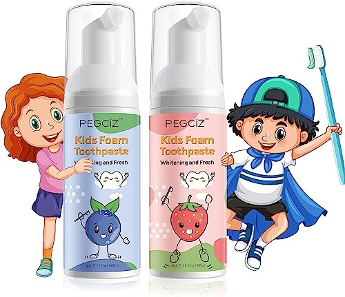 Zahnpasta Schaumzahnpasta für Kinder 2 x 60 ml, Besondere Kariesschutz für Milchzähne, Kinderzahnpasta ohne Fluorid, Zahnaufhellung (Erdbeere+Blaubeere)