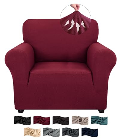 CYCMACO High Stretch Sofa Überzug 1 Sitzer, Sesselhusse rutschfest, Couch Bezug Elastischer, Jacquard Sofahusse Mit Armlehnen, Universal Sofa Covers, Couchüberzug Waschbare, Burgunderrot
