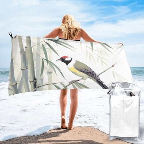 UPGENT Bamboo Bird Pattern Printed Microfiber Bath Towel 55x27.5 Inch - Quick Dry & Absorbent Beach Towels for Travel, Beach, Yoga, and Gym