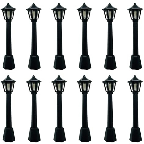 Woohome 12 Stück Laternenpfahl Lampen, Mini Straßenlaterne Modelleisenbahn Zug Laternenpfahl Lichter Außenweg Laterne Post für Mikrolandschaft Puppenhaus Fee Gartenzubehör (8cm, Schwarz)