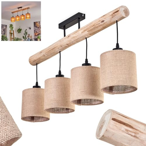 HOFSTEIN Deckenleuchte Soungou, Deckenlampe aus Metall/Holz/Leinen in Schwarz/Naturfarben/Beige, Leuchte im Boho/skandinavischen Design mit Holzstab, 4xE27, Wohnzimmer, Esszimmer, Schlafzimmer, Küche
