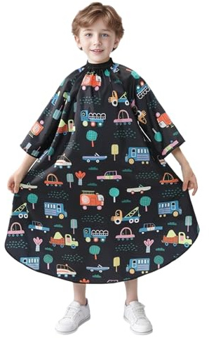 PERFEHAIR Capa de corte de pelo para niños con mangas, bonito estampado de coches, cuello ajustable, cómoda capa de peluquero para niños y niñas, ideal para uso doméstico o salón, delantal profesional
