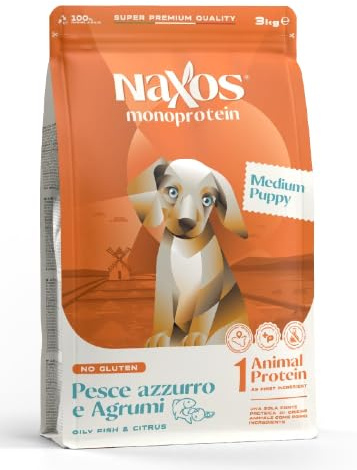 NAXOS PUPPY MEDIUM PESCE E AGRUMI 3 KG MONOPROTEICO AL PESCE PER CUCCIOLI DAI 2 AI 12 MESI (FORMATO 3 KG)