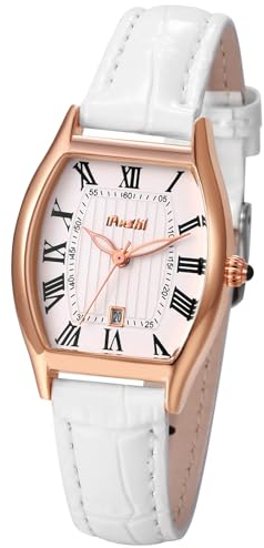 Silverora Damenuhren Rechteckig Uhren Damen: Datum Kalender Klein Tonneau Analoge Quarzwerk Armbanduhren PU Lederarmband Uhr mit römische Ziffern Geschenke für Frauen weiß
