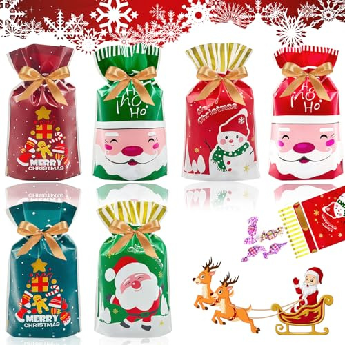 YeahBoom 60 Stücke Weihnachten Geschenkbeutel, 6 Design, Candy Tüten, Cookie Beutel, Partytüten, Treat Tasche