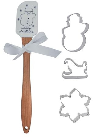 Zenker Christmas Baking Set: Silicone Spatula & 3 Cookie Cutters - Snowman, Sleigh & Snowflake - Non-stick Non-Scratch Spatula With Snowman Motif, Stainless Steel Cutters, White & Silver