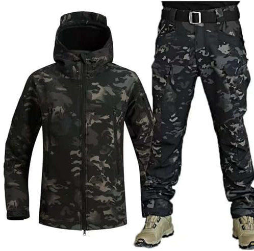Generisch Herren Softshell Jacke Taktische Uniformen MilitäRische wasserdichte Armee Kampfanzug Sets Jagdbekleidung Hose Leicht Outdoor ReißVerschluss Kapuzenpulli,E,L