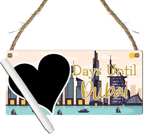 Personalised 'Days Until Dubai' Countdown Plaque - Unique Holiday Preparation Sign with Heart Chalkboard - Travel Countdown Board (Multi Coloured, With Pen, Small: 19 cm (H) × 9 cm (W))