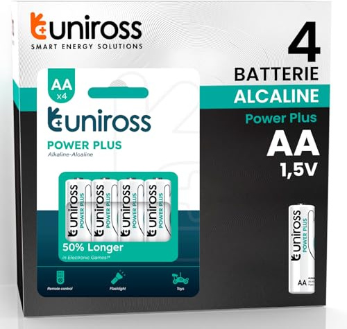 Uniross Pile Alcaline Stilo AA Mignon LR6 Power Plus da 1,5V Lunga Durata per Sveglie Orologi Telecomandi e Giocattoli Radiocomandati - Blister da 4 Batterie