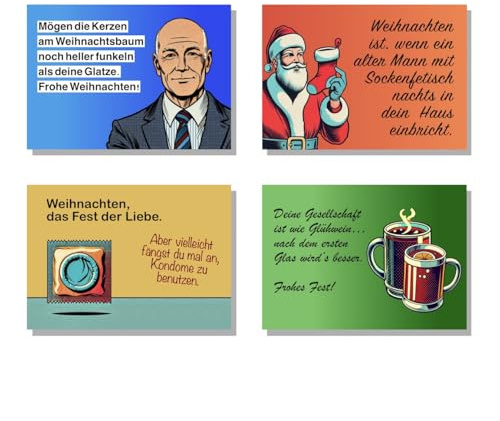 Lustige Weihnachtskarten für Männer - Advent Grußkarte - Beleidigend - Frech - Gemein - 4 Stück - DIN A6 - für Verwandte und Freunde - Geschenk - Weihnachten - Karte - Grußkarten - Postkarten