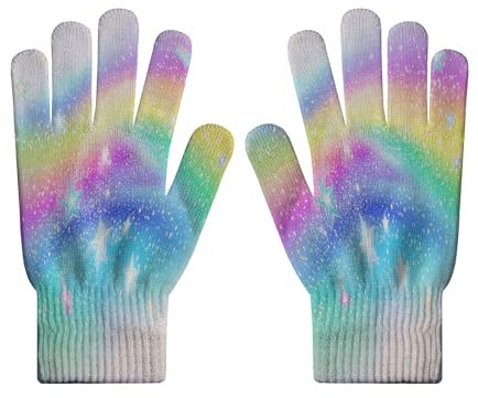 MLSOWM Bunte Galaxie-Strickhandschuhe für weich, Touchscreen, Regenbogenfarben, Handschuhe für Handys und Tablets, Elastische Bündchen, dehnbares Strickmaterial