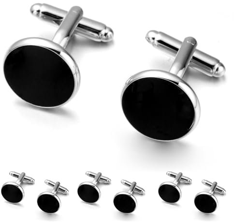 Amexo 4 Paare Manschettenknöpfe herren, Schwarz Silber manschettenknöpfe für herren Stilvoll und anspruchsvoll, Runde Einfach manschettenknöpfe für Geschäftstreffen Hochzeit und Jubiläen