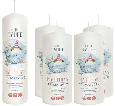 Liamoria® Taufkerze Junge mit Name und Datum Motiv Wal in Blau 25 cm inkl. Taufspruch mit 4 Patenkerzen Lange Brenndauer in weißer Farbe - die perfekte Taufkerzen für Jungen