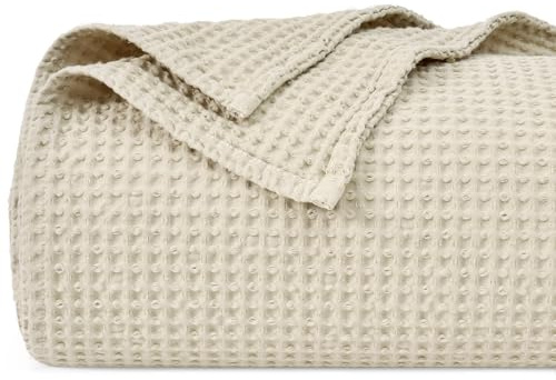 PHF Decke aus 100 % Baumwolle, Waffelgewebe, Kingsize, 220 x 240 cm, vorgewaschen, leicht, atmungsaktiv, Oeko-Tex-zertifiziert, für Bett, Couch, Sofa, Heimdekoration, Leinen/Natur