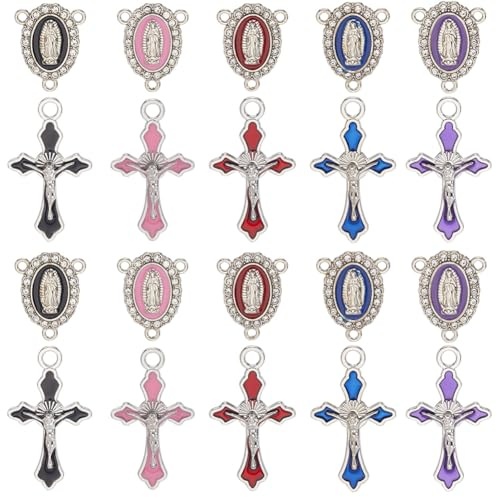 SUNNYCLUE 1 Box Mit 40 Oster Rosenkranz Anhängern Emaille Kreuz Anhänger Tibetisch Oval Blau Lila Rot Kronleuchter Kruzifix Rosenkranz Anhänger Zur Schmuckherstellung Halsketten Armbänder Ohrringe DIY