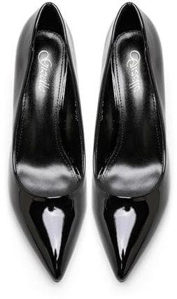 Gizelle Damen Büroarbeitsschuhe Damen Mittelhoher Absatz Spitz zulaufender Zehenbereich Party-Hochzeitspumps für Frauen UK, schwarzer lack, 41 EU