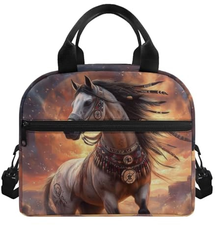 POLERO Bolsa de almuerzo con diseño de caballo tribal para niñas, para la escuela, pequeña lonchera aislada con correa para el hombro