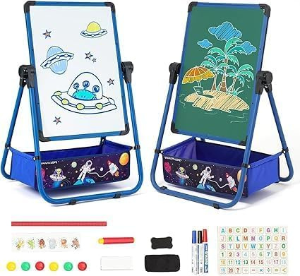 Siairo Caballetes para Niños, Caballete Infantil de Doble Cara con Altura Ajustable & Giratoria 360°, Pizarras de pie para niños, azul