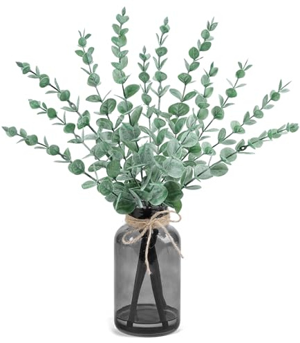 Der Rose 14.5 In Fake Plants Eucalyptus in Black Glassvase for Table Decor | Artificial plants indoor Bendable wired stems Veined fake eucalyptus leaves Faux-water detail Maintenance-free beauty
