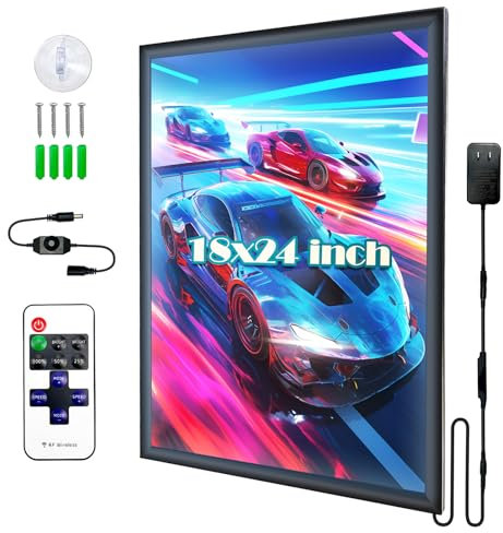 MAOBYGO LED-Posterrahmen, 45,7 x 61 cm, Hintergrundbeleuchtung, mit Fernbedienung und manueller Steuerung, versteckte Haken, Aluminiumprofil-Schnapplichtbox, ideal für Filmposter, Werbung, Display