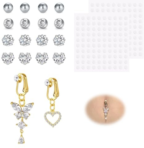 WillTen Gold Fake Bauch Piercing Cubic Zirkon Butterfly Clip auf Bauchnabel Piercing Stick auf Nabel Ring Studs nicht Piercing Fake Bauchnabel Piercing Herz Sticky Balls nicht durchbohrt