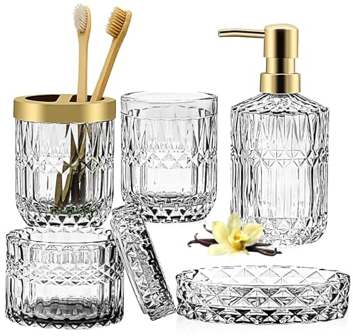 Set di 5 accessori da bagno in vetro, set di accessori per il bagno, dispenser per lozioni, portasapone, porta spazzolino, bicchiere, bastoncini di cotone, set decorativo per bagno moderno, regalo