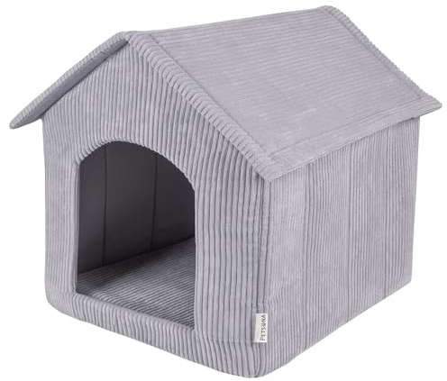 Petsona Hundehütte Rippenstrickstoff Waschbarer Bezug Reißverschlussdach, Dunkelgrau,XXL
