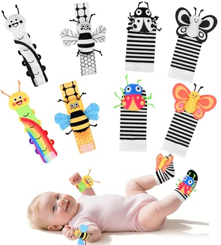 Baby Wrist Rattle & Foot Finder Set for 0-12 Months Newborn - Black-White & Colorful Bug Design Sensory Toys for Infant Brain Development - Perfect Baby Shower Gifts
