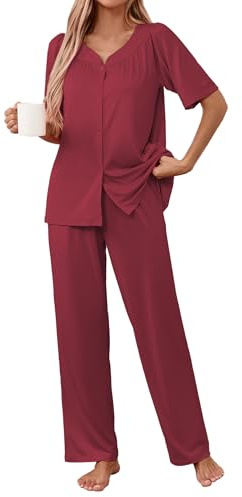 Famulily Ladies Crew Neck Pjs Button Up Pyjama Sets Short Sleeve Shirt and Comfy Wide Leg Pants 2 Piece Outfits Wine L