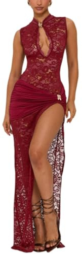 Sukiglam Vestito Donna Sexy Abito Lungo in Pizzo Trasparente Senza Maniche Trafitto Vestiti Elegante Aderente Maxi Abiti con Spacco Alto Raffinato Abito da Sera Cerimonia Festa Cocktail