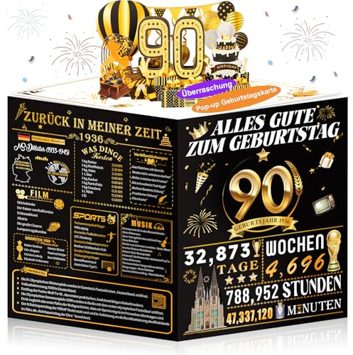 OLOSONG Geburtstagskarte 90, 3D Pop Up Karte Geschenke Zum 90. Geburtstag für Mann Frau, Lustige Golden Deko 90 Geburtstag Für Mama Oma Papa Mutter Ehemann Ehefrau Freunde, Back in 1936 Mit Umschlag