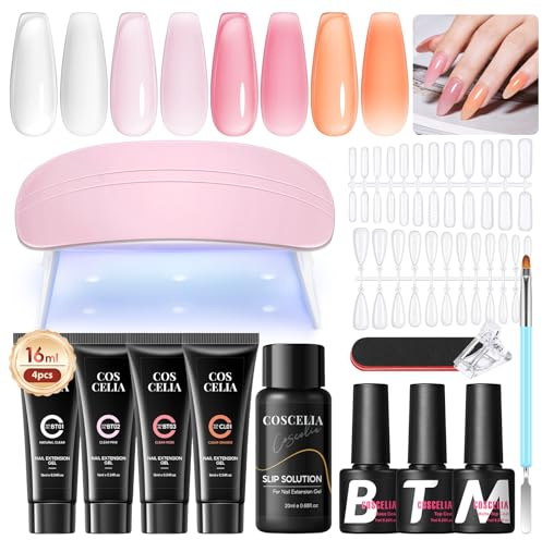 Coscelia poly nagelgel nagelset, 4 färger nagelset gelnaglar startset gel naglar själv set med UV-lampa, 1 bas lack och 2 topprock starter nagelkonst nageldesign, poly förlängningsgelset gåva för fr