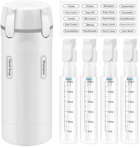 Distributeur de Voyage 4 en 1, 4 Bouteilles de Voyage 30 ML pour Toilette | contenant portable anti-fuite avec échelle et étiquette pour shampooing, après-shampoing