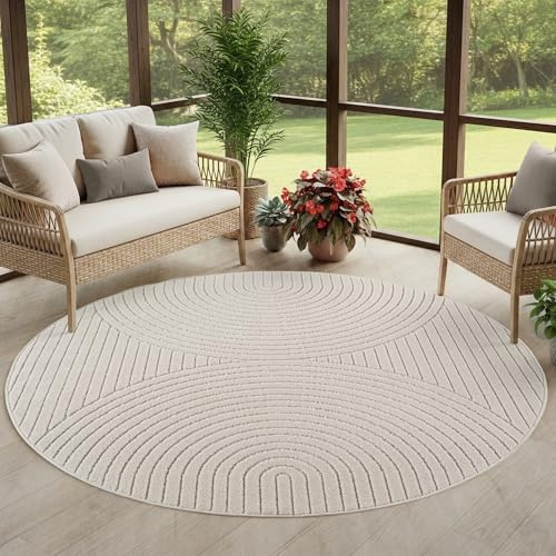 Carpettex Kurzflor Teppich Rund 80 cm Creme, Hoch Tief Effekt 3D, Skandi Boho Design, Balkon Teppich für Küche Flur Wohnzimmer, Indoor Outdoor wetterfest Balkon Terrasse
