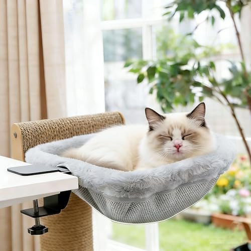 Katzenbett Für Schreibtisch, 360°Drehbar Katzen Schreibtisch Bett-Ohne Bohren, Katzenbett Schreibtischs– Platzsparend Klappbar (Nach Unten) Katzenhängematte, Winter & Sommer - Zu 22.5kg