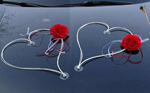 DEKORIERT Ratan Herzen Auto Schmuck Braut Paar Rose Deko Dekoration Autoschmuck Hochzeit Car Auto Wedding Deko (Rot/Weiß)