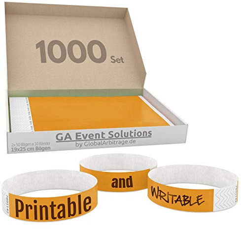 1000 Eintrittsbänder aus Tyvek zum selbst gestalten und bedrucken in Orange von GA Event Solutions - Party Einlassbänder, Festival Armbänder für dein Event