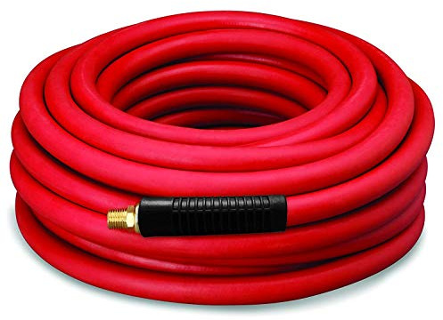 DYNAMIC POWER 3/8 x 50' Rubber Air Hose - 300 PSI - Assembly with 1/4 Male Pipe Thread Fittings & Bend Restictors (Red)