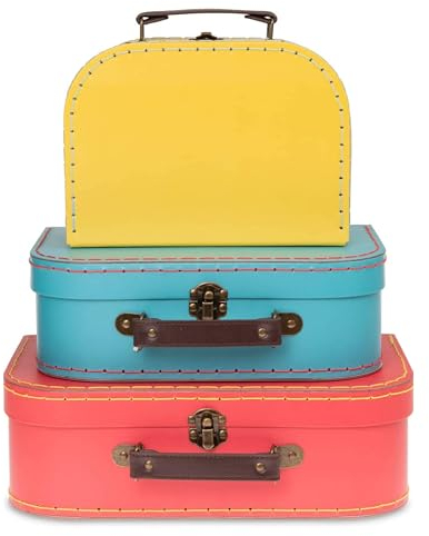 Jewelkeeper - Valigie in Cartoncino, Set da 3 – Scatole Regalo Portaoggetti Impilabili per Compleanno Matrimonio Natale Nursery Ufficio Decorazione Vetrine Giocattoli Foto – Rosso Turchese Giallo