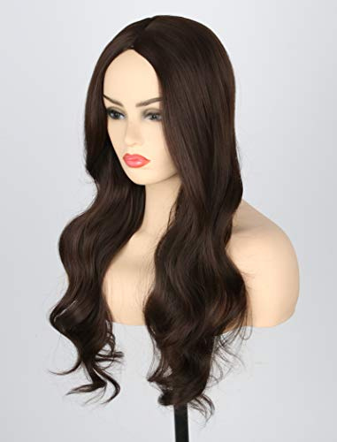 Topcosplay 24 inch Lange Schwarz Perücke für Frauen, Lange gewellt Perücke Hitzebeständiger Kunstfaser Wie Echthaar Lockig Perücke für Karneval Fasching Cosplay (Dunkelbraun)