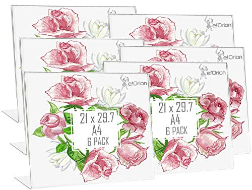 e!Orion Juego de 6 Soporte de sobremesa DE 21 x 29.7cm (A4), Portafotos de plástico Transparente, Idea para Hogar, Oficina, Bar y Restaurante (Horizontal)