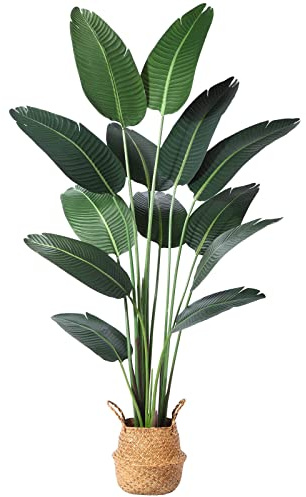 Ferrgoal Artificial Bird of Paradise Plants 6 Ft Fake Tropical Palm Tree with 13 Trunks in Pot and Woven Seagrass Belly Basket Perfect Faux Plant for Home Indoor Outdoor Office Modern Decor Green 1Pc…