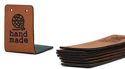 Faltende Handmade Label - Schwarz-Braun Mod. HMD, Garn hand made - PU-Leder-Etiketten für Häkelartikel, Nähen und Stricken Kunstleder-Etiketten (15 Stück - Standard Text)