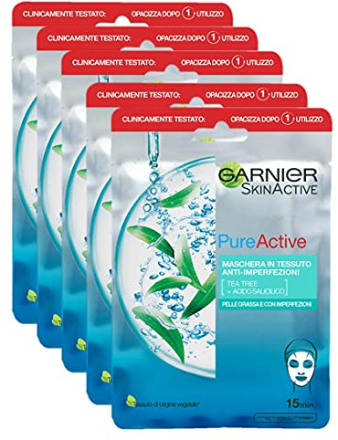 Garnier SkinActive, Maschera in tessuto anti-imperfezioni e idratante Pure Active, Per pelli grasse con imperfezioni, Confezione da 5