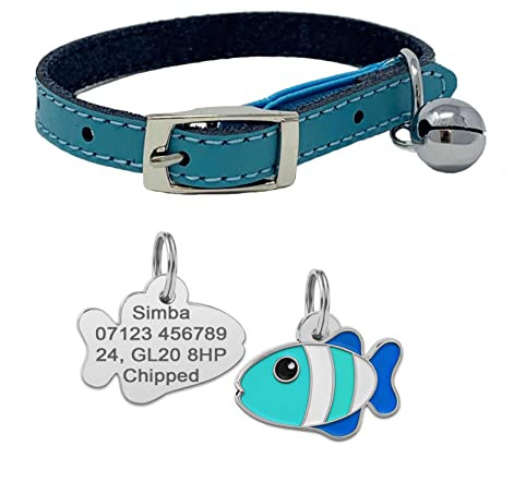 Katzenhalsband aus echtem Leder, mit Sicherheitsgummi und Glöckchen, mit persönlicher Gravur, Fischform, Blau