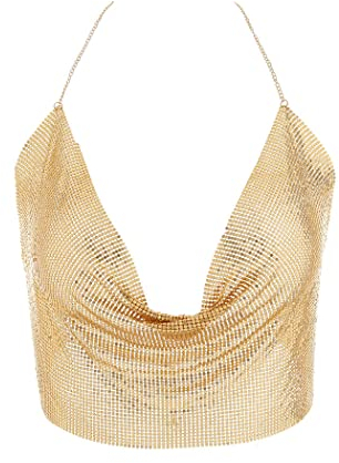 IYOU Scintillante Metallo Catena del Corpo Oro Paillettes Canotta Corta Catena a V profonda Capestro Top Senza Schienale Discoteca Partito Corpo Imbracatura Accessori per Donne e Ragazze