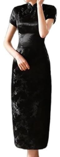 VAAX Kinesisk Qipao, satin nationell cheongsam klänning kortärmad smal maxiklänning jacquard-blomma Qipao-klänning elegant plus storlek sexig cocktail-kväll-bröllopsklänning för flickor brud