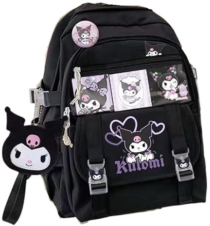 Edles Elves Ku-romi backpack school bag withe side pokect large suitable for boy girl ​hiking camping picnic, Black, Doll, Card, Badge, L, School Bag